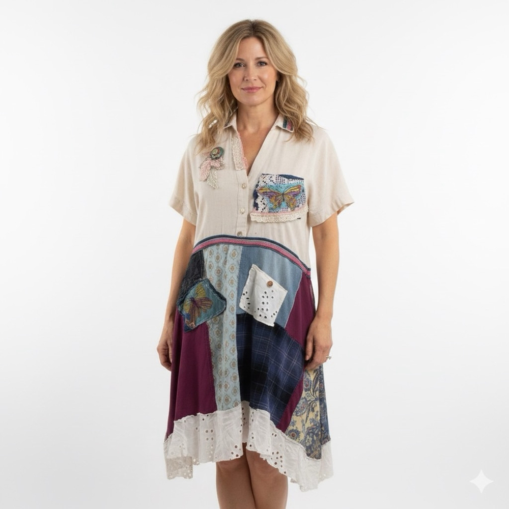 Artisan Upcycled Patchwork Boho Dress Linen Cotton Size Large